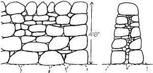 Dry stone wall near Grantown-on-Spey, Morayshire with a mixture of large and small stones in the courses, topped by rough upright boulders